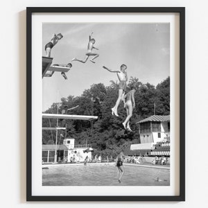 Summer art, Vintage 1930's group on diving boards photo, Lake house decor, Retro wall art, Custom black and white reproduction, Select size
