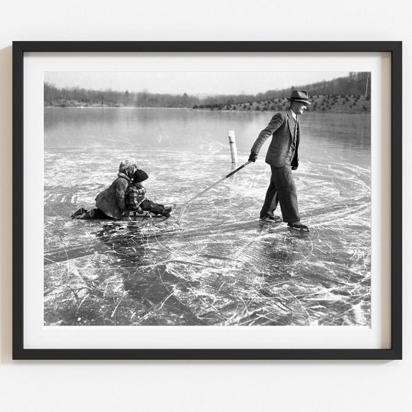 Winter art, Vintage ice skating photo, Unique retro winter home decor, Black and white custom photo print, Select size