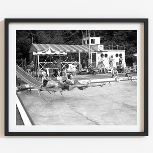 Fun unique retro summer art, Vintage 1950's group on sliding board photo, Custom black and white print, Select size, Summer home wall art