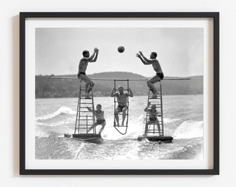 Waterski art, Vintage style lake wall art, Vintage stunt waterskiing photo, Unique fun retro summer home decor, Black and white print