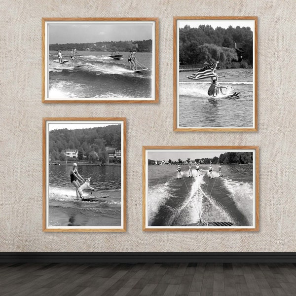 Set of 4 photo prints, Select size, Vintage waterskiing photos, black and white high-definition reproductions