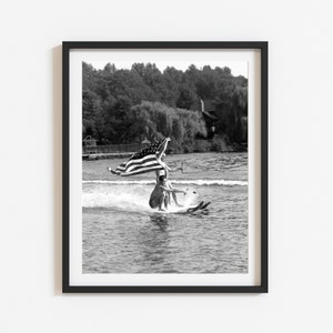 Lake house wall art, Vintage water skiing photo, Black and white custom print, Retro coastal art image 7