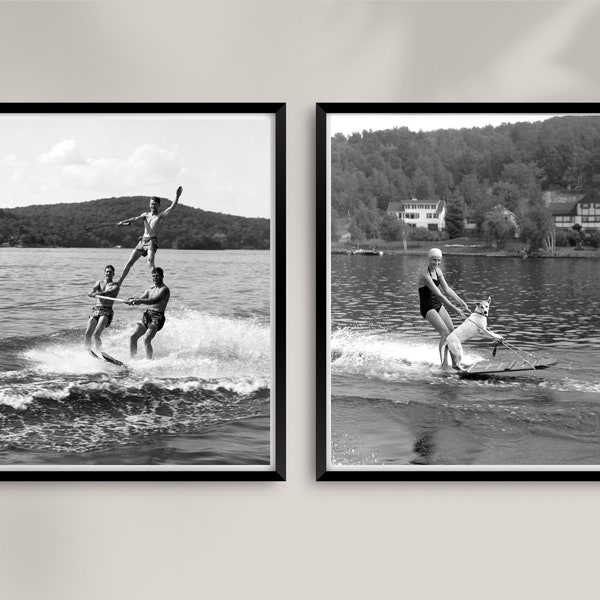 Set of 2 photo prints, Vintage water skiing photos, Select size, Custom black and white high-quality reproductions