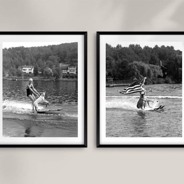 Set of 2 prints, Vintage 1930's water skiing photos, Select size, Custom high-quality black and white reproductions