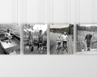 Rustic nursery art, Set of 4 black and white boys fishing photos, Country home decor, Custom prints, Select size, Vintage lake home wall art