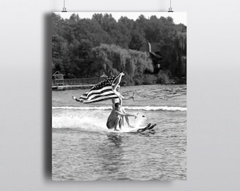 Lake house wall art, Vintage water skiing photo, Black and white custom print, Retro coastal art