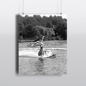 Lake house wall art, Vintage water skiing photo, Black and white custom print, Retro coastal art