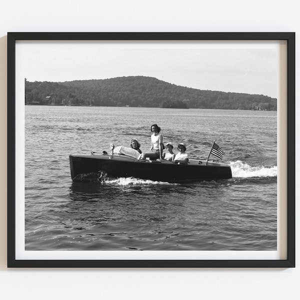 Vintage-inspired lake house wall art, Girls on Chris Craft boat photo, Retro style summer home decor, Boating gift, Housewarming gift