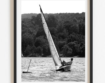 Sailing art, Vintage black and white sailboat photo print, Retro style room decor,  1940's sailing regatta photo, Lake house wall art