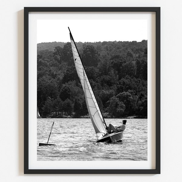 Sailing art, Vintage black and white sailboat photo print, Retro style room decor,  1940's sailing regatta photo, Lake house wall art