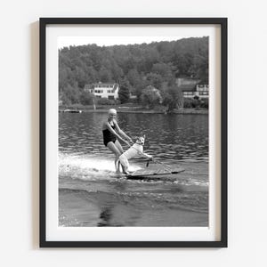 Vintage Dog Water Skiing Photo Print, Retro Lake House Art