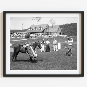 Funny unique 1930&#39;s horse caddy photo print, Black and white high-quality reproduction, Select size, Vintage-inspired wall art, Golf gift