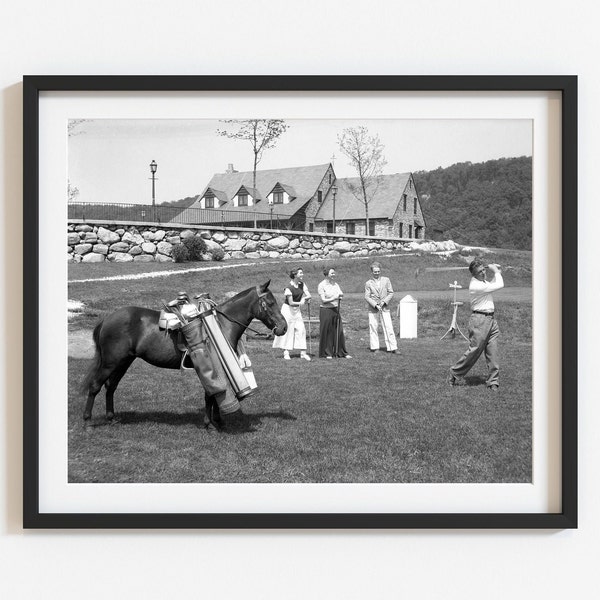 Funny unique 1930's horse caddy photo print, Black and white high-quality reproduction, Select size, Vintage-inspired wall art, Golf gift