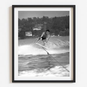 Water ski art, Beach house decor, Vintage lake art, Retro style summer home decor, Black and white custom photo print, Select size