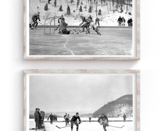 Impresiones fotográficas de hockey vintage: reimpresiones en blanco y negro de la década de 1930, juego de 2