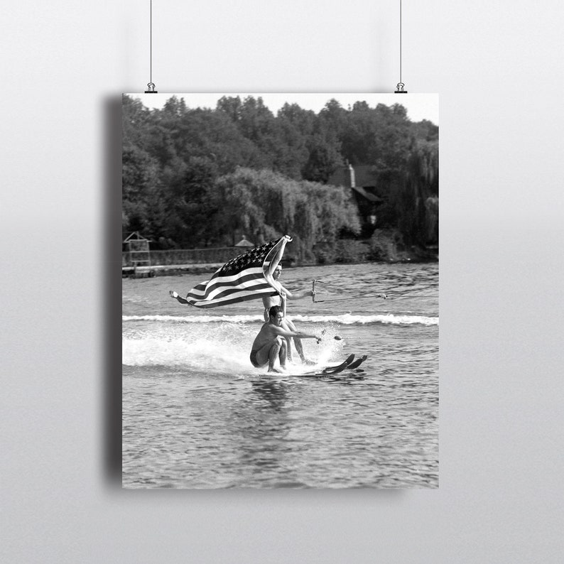 Lake house wall art, Vintage water skiing photo, Black and white custom print, Retro coastal art image 1