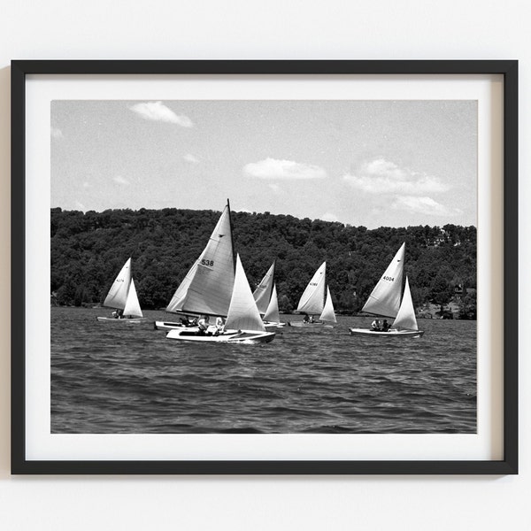 Sailing art, Summer home decor, Retro style lake house wall art, Vintage style coastal decor, Black and white photo print, Select size