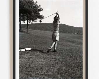 Vintage golf art, 1940's black and white child golfing photo, Custom archival-qualitly print, Select size, Golf decor, Retro wall art