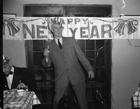 funny vintage black and white holiday photo; new year\u0027s eve,themed gift; drunk man at party; weird funny wall art; custom printing