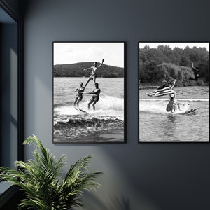 Lake house wall art, Vintage water skiing photo, Black and white custom print, Retro coastal art image 8