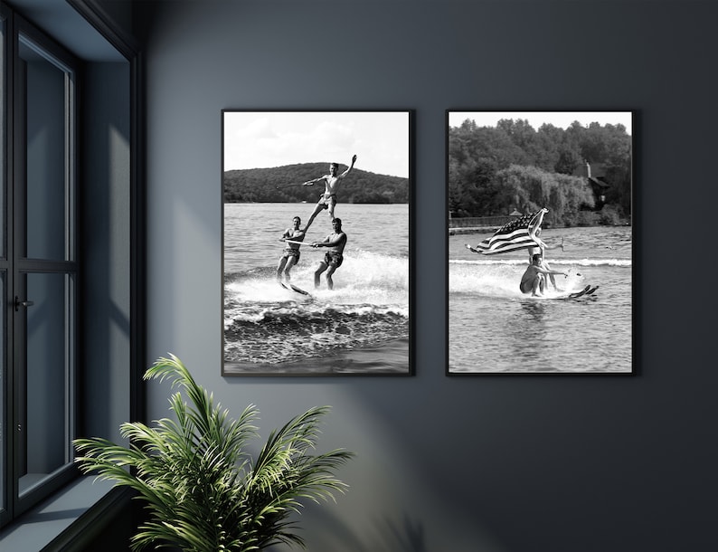 Lake house wall art, Vintage water skiing photo, Black and white custom print, Retro coastal art image 8