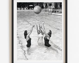 1950s Swimsuit Models Beach Ball Photo Print, Vintage Black White Pool Decor