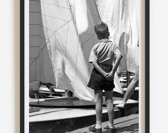 Vintage 1940s Boy with Sailboats Photo Print, Lake House Nautical Art