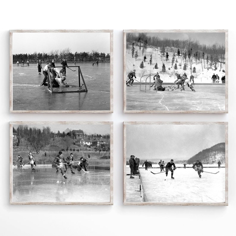 May include: Four black and white photographs of hockey players on a frozen lake. The photos show players skating, passing, and shooting the puck. The photos are framed in a rustic wood frame.