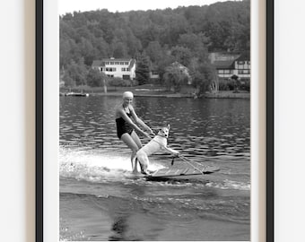 Vintage dog water skiing photo print, Lake house wall art, Retro summer home decor, Black and white custom high-quality print, Select size