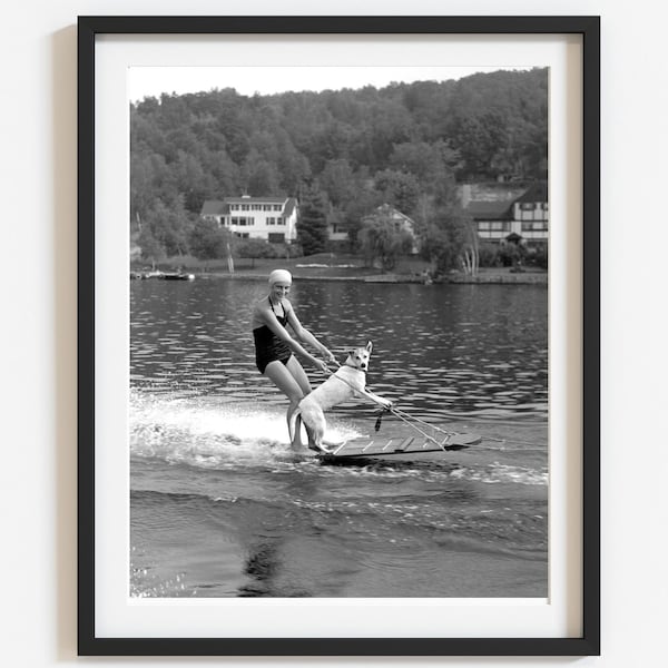 Vintage dog water skiing photo print, Lake house wall art, Retro summer home decor, Black and white custom high-quality print, Select size