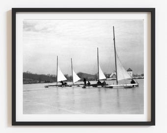 Retro Wall Art, 1930s Iceboat Racing Photo Print: Winter Home & Lake House Decor