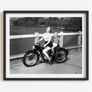 1940s Mother and Child on Motorcycle Photo Print , Retro Wall Art, Vintage-Inspired Wall Art, Custom Reproduction