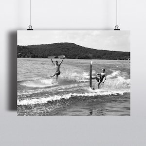 Lakestyle wall art, Vintage waterskiing photo print, Select size, Summer home decor, Black and white high-resolution reproduction