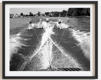 Water skiing photo print, Vintage lake house wall art, Select size, Custom black and white high-quality reproduction