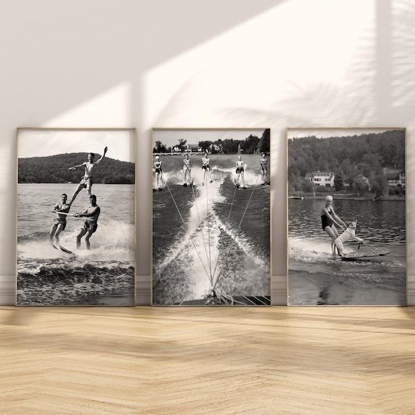 Beach house decor, Set of 3 vintage waterski photos, Black and white prints, Lake house wall art, Summer, Housewarming water ski gift