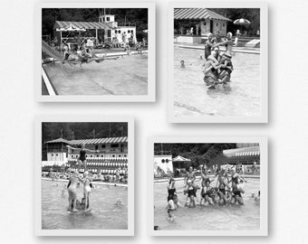 Set of 4 photo prints, Vintage swimming pool photos, Custom black and white reproductions, Select size