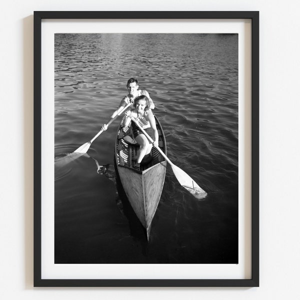 Vintage 1930's canoe competition photo print, Black and white custom reproduction, Select size, Lake house wall art, Retro style room decor