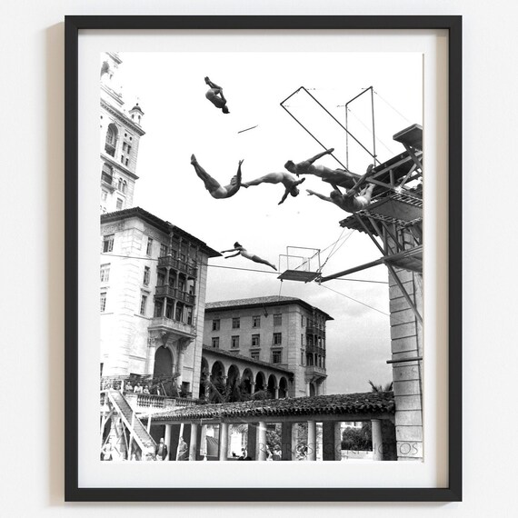 Retro Wall Art, 1940s Miami Stunt Divers Photo, Vintage Biltmore