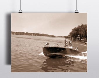 1950s Chris Craft Boat Photo Print: Vintage-Inspired Black & White or Sepia Wall Art