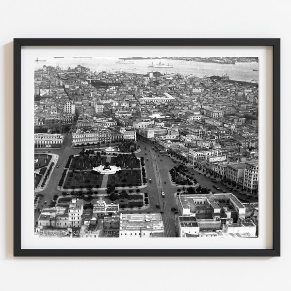 Vintage Havana Cuba aerial photo, Custom black and white print, Select size