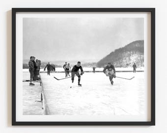 1930's Ice Hockey Photo: Black & White Reproduction for Winter Home Decor