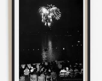 Retro Wall Art, Unique Vintage 4th of July Fireworks Photo, Black and White Custom Print, Choose Size