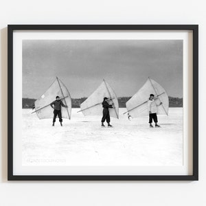 Unique winter home decor, Vintage ice skate sailing photo, Lake house wall art, Black and white custom photo print