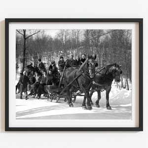 Vintage Horse Drawn Sleigh Photo Print: 1940s Winter Farmhouse Wall Art