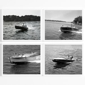 Set of 4 prints, Vintage motorboat photos, Black and white high-quality custom reproductions, Select size