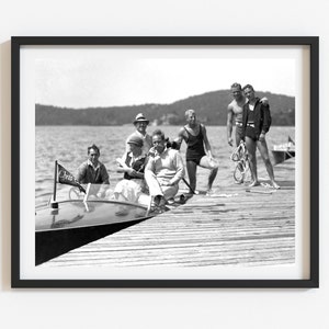 Vintage summer art, Custom photo print, Retro lake house decor, Select size, Black and white vintage group on boardwalk photo, Wall art
