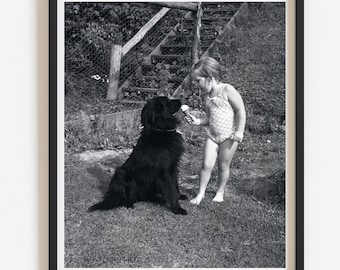 Summer nursery vintage wall art, Cute fun retro child and dog photo, Custom black and white photo print, Lake house decor, Select size