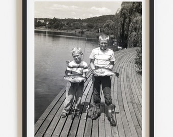 Rustic nursery decor, Vintage boys fishing photo print, Lake house wall art, Retro country and farmhouse decor, Black and white photo print