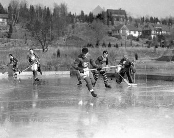 Vintage Hockey Photo Print: 1938 Black and White Winter Sports Art