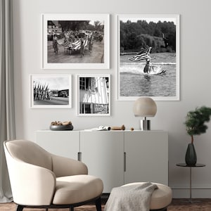 Lake house wall art, Vintage water skiing photo, Black and white custom print, Retro coastal art image 9